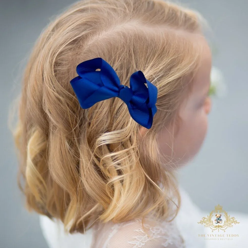 Set of 2 Pretty Girls Hair Bows Grosgrain Ribbon Hair Clips Accessory Royal Blue